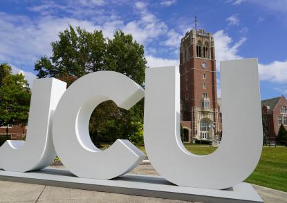 jcu 3d letters in front of clock tower