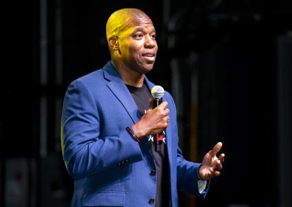 George Sample giving a speech. 